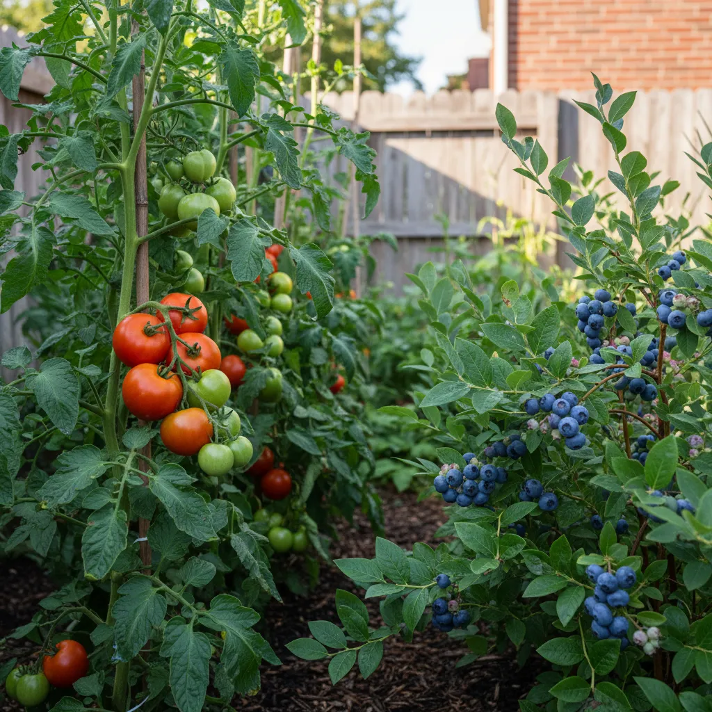 Healthy tomato plants and blueberry bushes in a garden