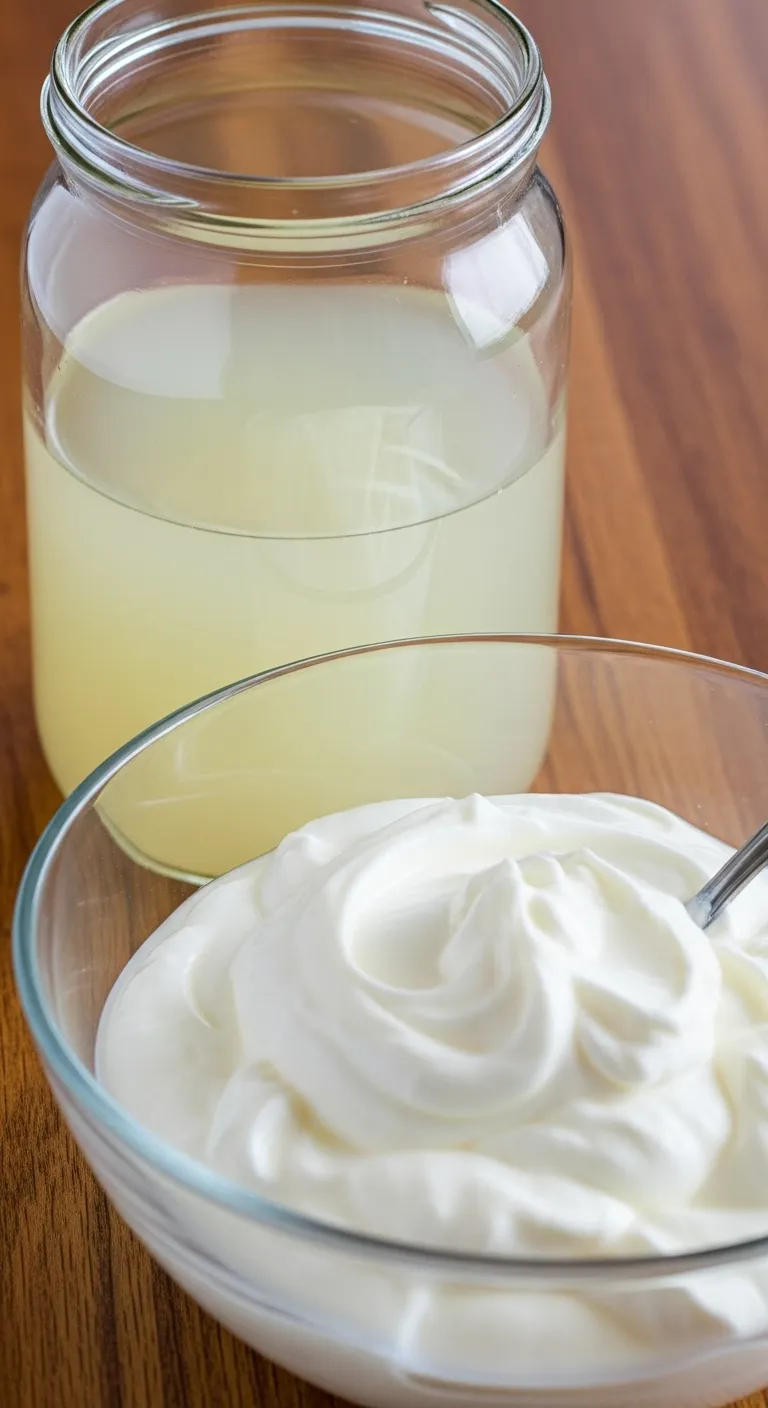 Glass jar of acid whey liquid next to strained Greek yogurt bowl