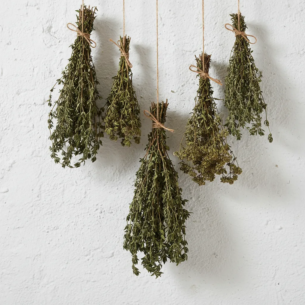 Dried thyme bundles hanging to air dry