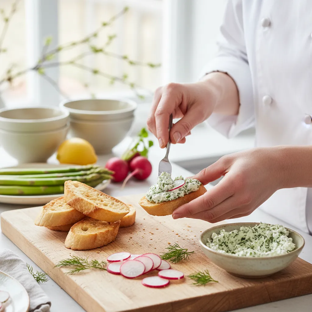 Chef spreading goat cheese on baguette for spring party