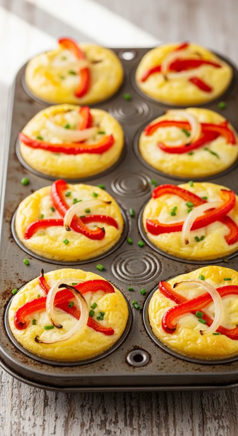 Muffin tin filled with baked egg white frittatas topped with peppers and onions