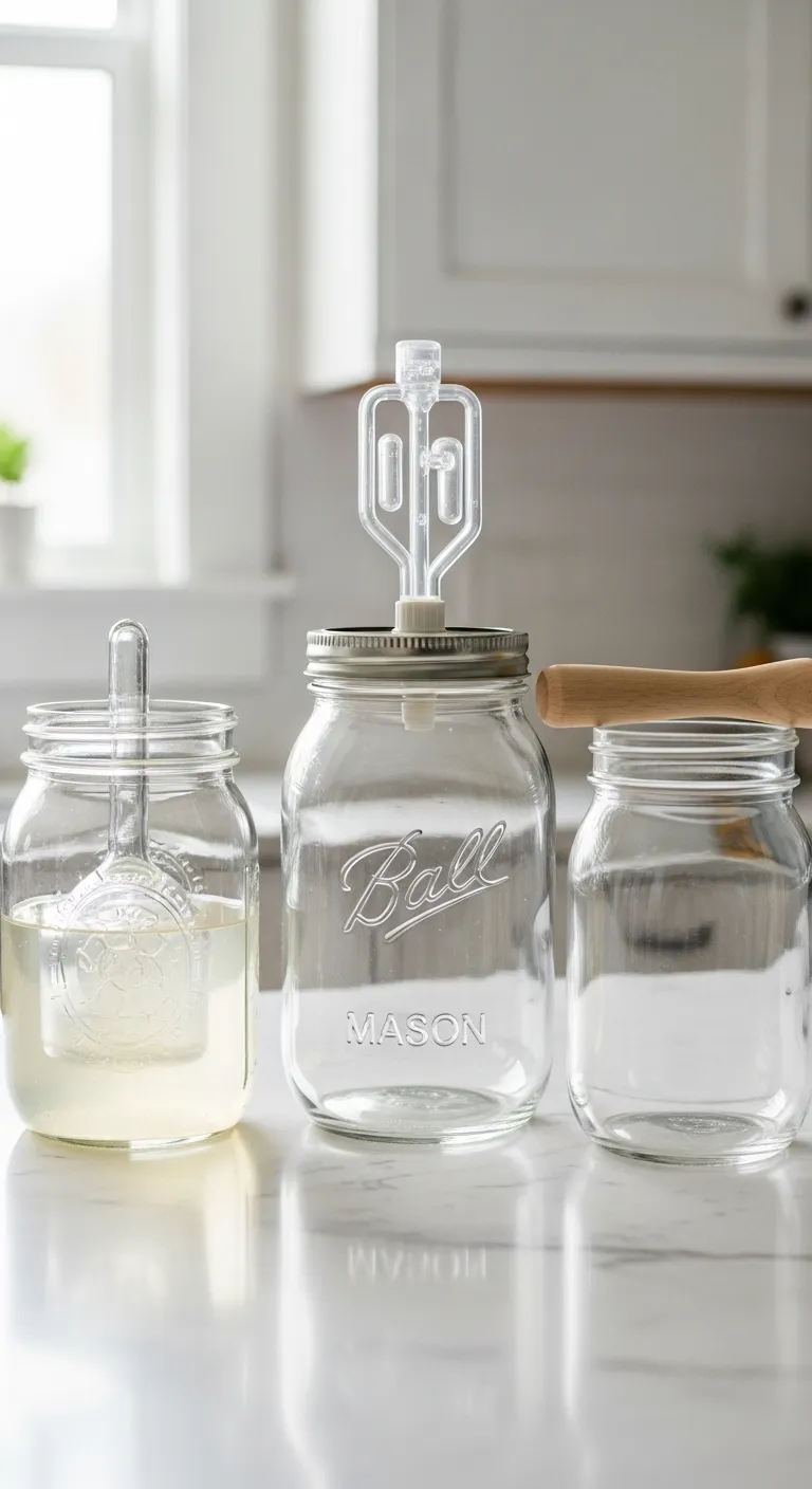 Display of mason jars weights and airlocks for fermenting