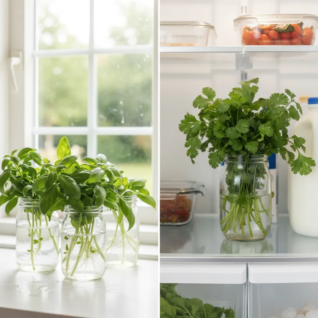 Comparison of storing basil on the counter versus storing cilantro inside the refrigerator