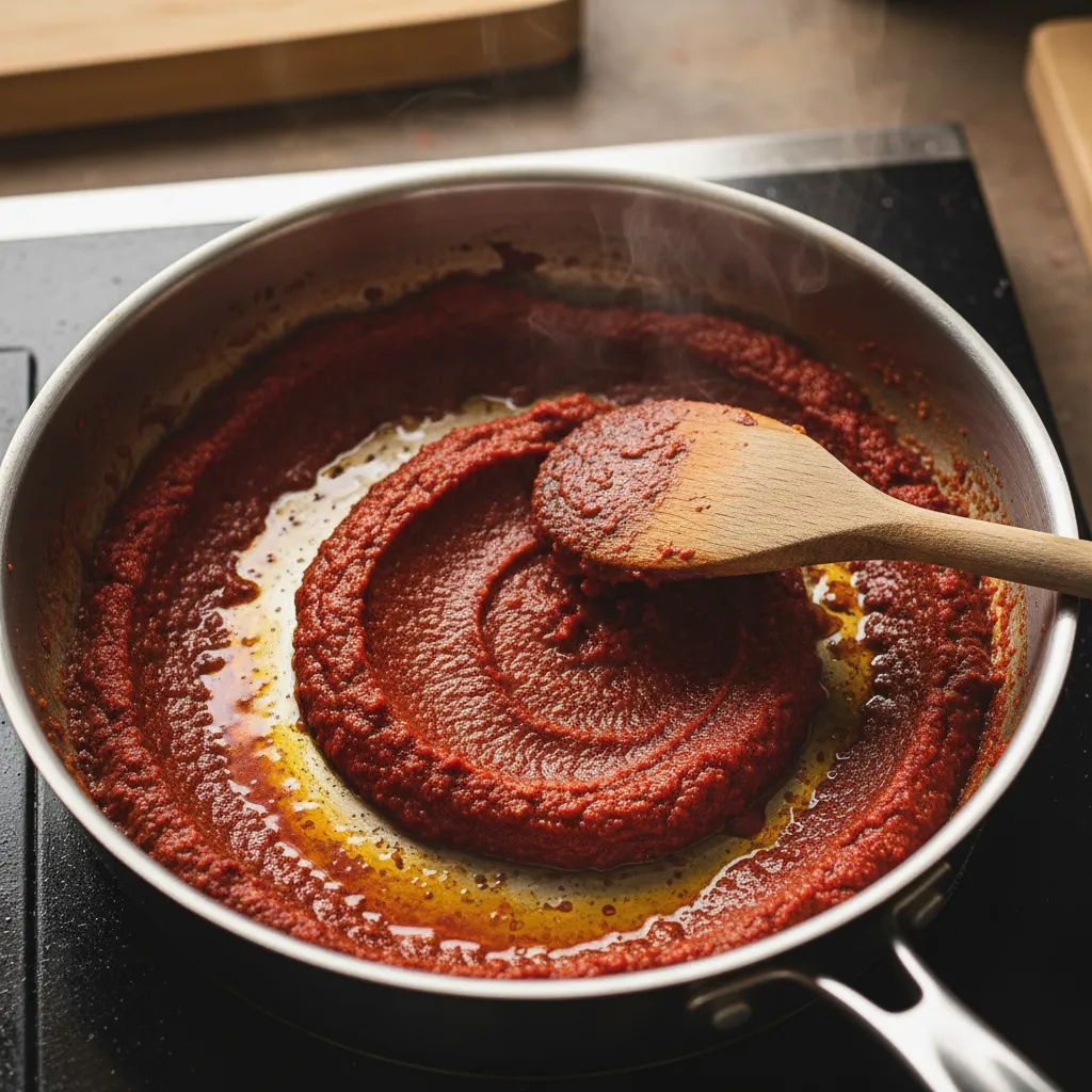 Wooden spoon stirring caramelized tomato paste in a stainless steel pan