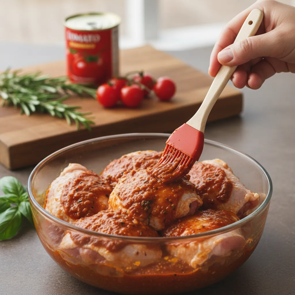 Raw chicken being coated in thick tomato paste marinade