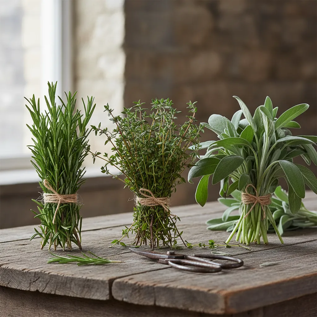 Rustic bundles of woody thyme and rosemary on a wooden table