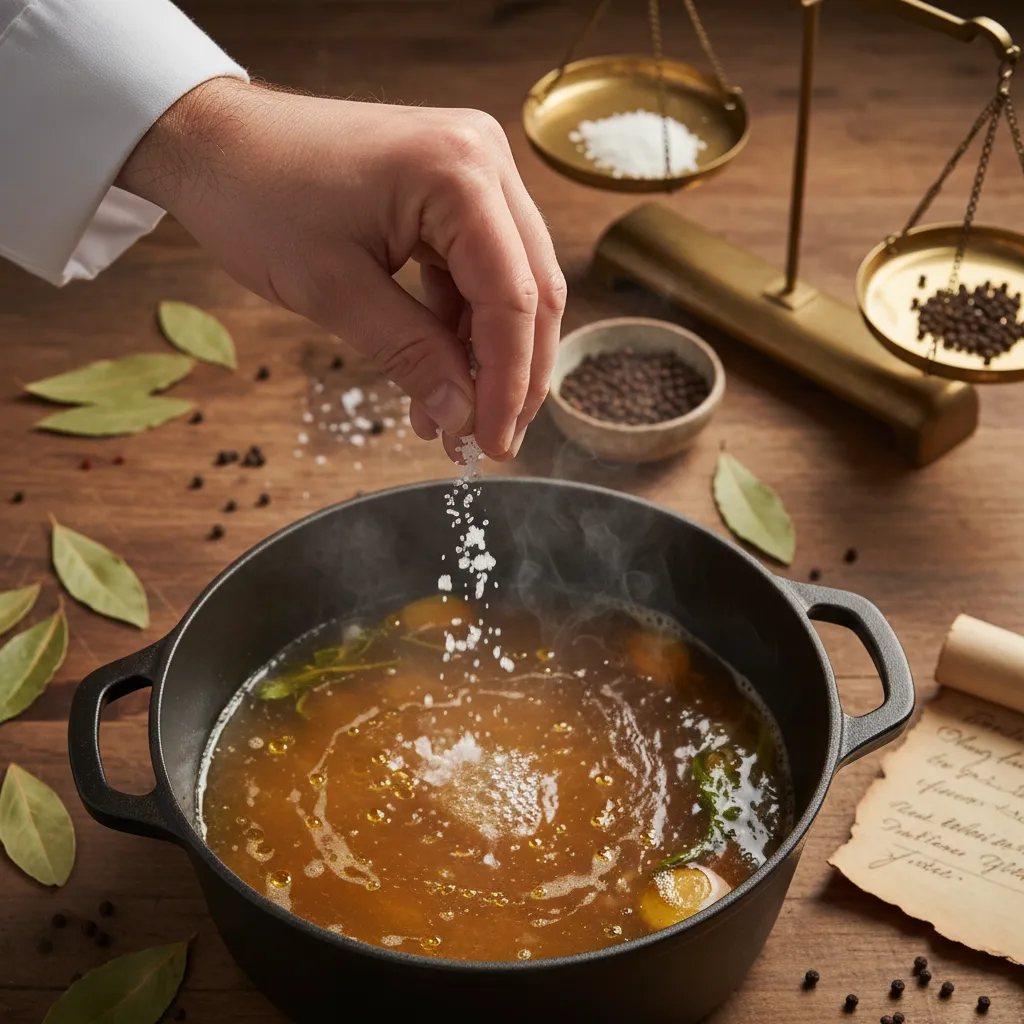 Chef sprinkling sea salt into a pot of simmering stock