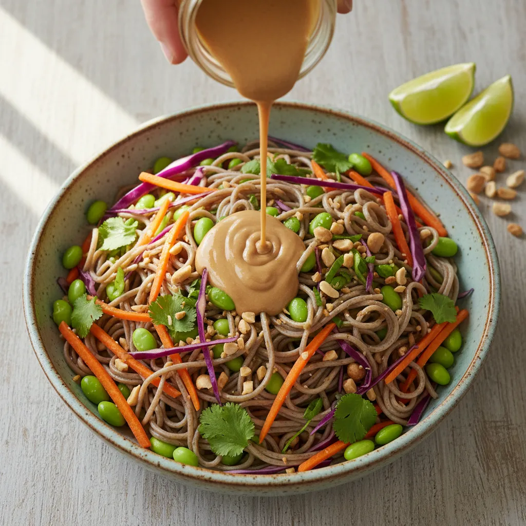 Chilled buckwheat soba noodles topped with edamame and peanut sauce in a ceramic bowl