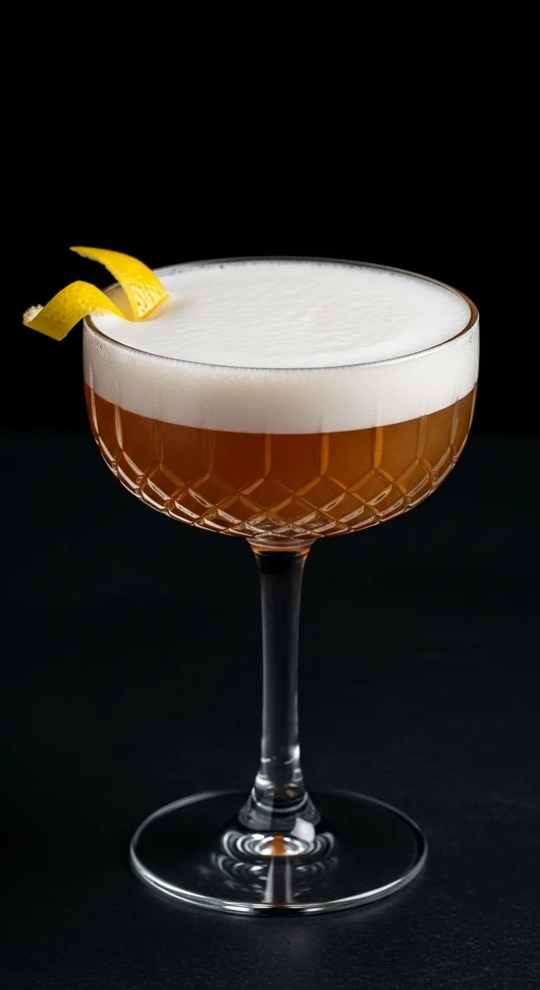 Whiskey sour cocktail with a thick layer of egg white foam and lemon garnish