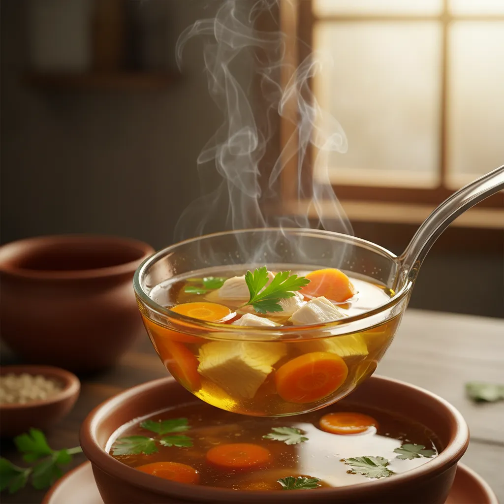 Ladle lifting clear chicken broth with meat chunks