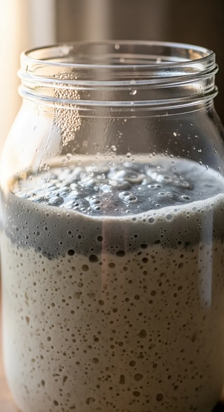 A close up view of a glass jar with sourdough starter and a layer of dark liquid hooch