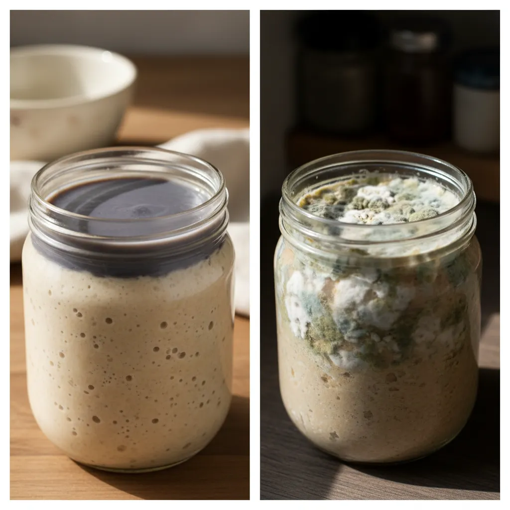 A side by side comparison of a healthy sourdough starter with hooch and a contaminated starter with fuzzy mold