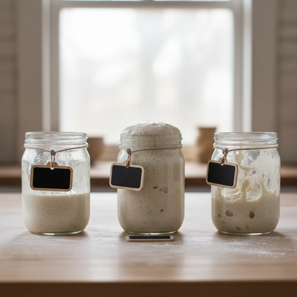 Three jars of sourdough starter at different levels of fermentation
