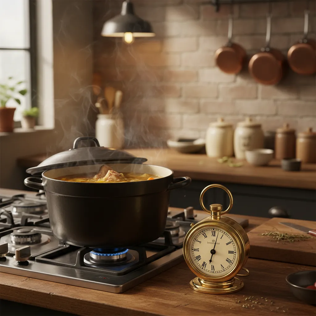 Kitchen timer next to a simmering pot representing cook time