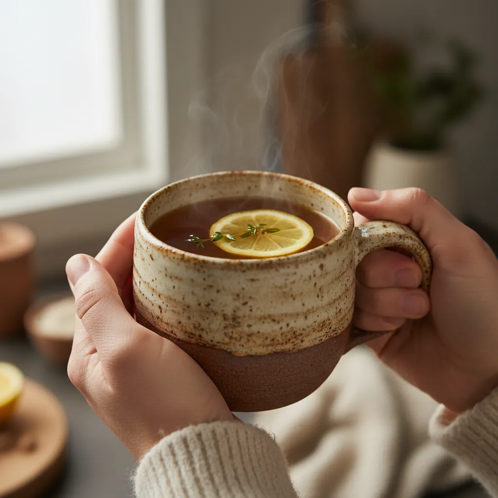 Hands holding a warm mug of seasoned sipping broth with fresh thyme garnish