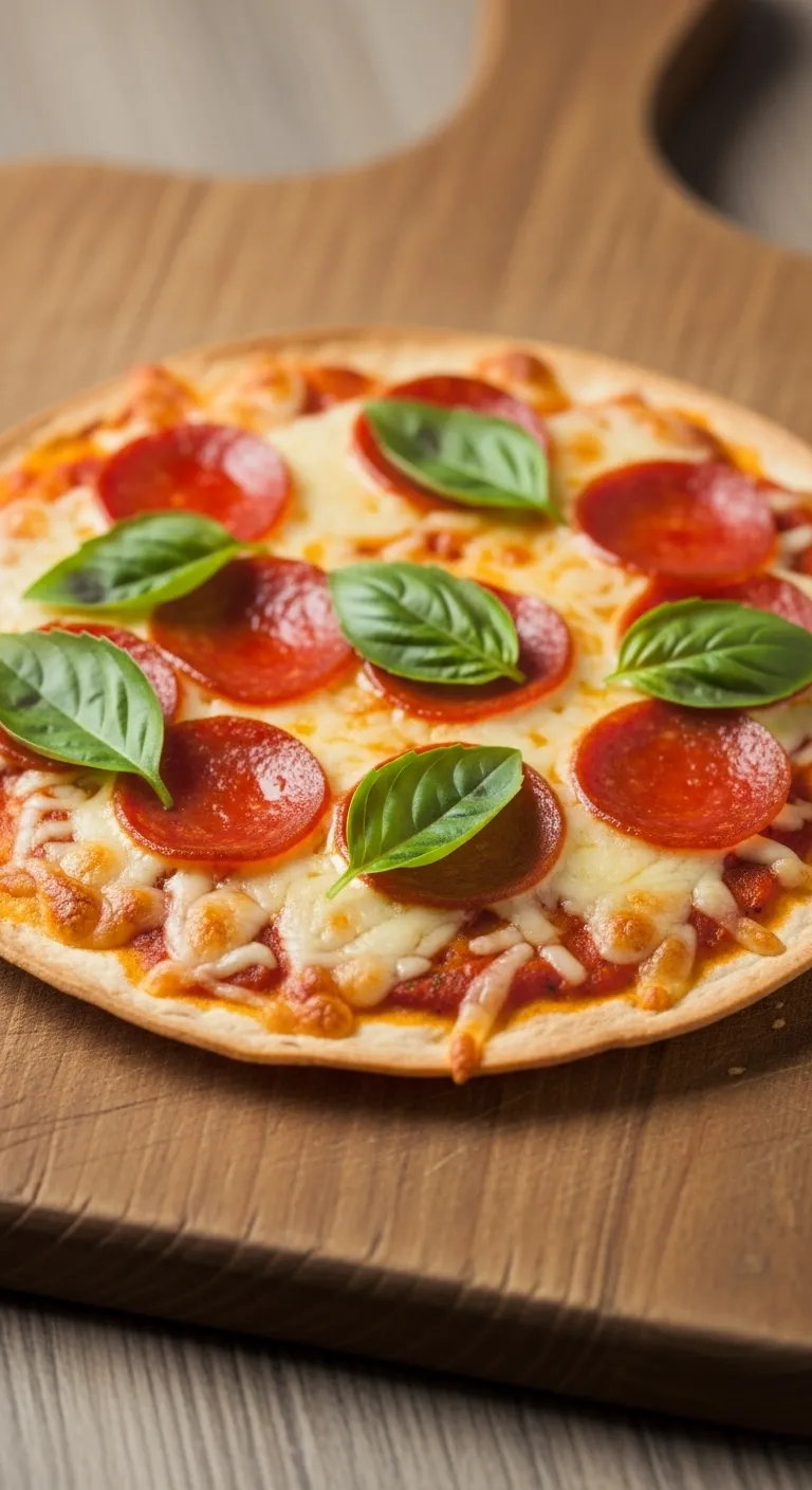 Personal tortilla pizza with melted cheese and basil on a wooden board