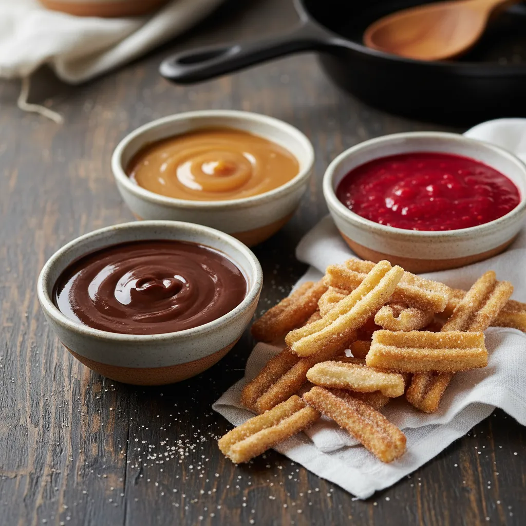 Three bowls of dipping sauces including chocolate caramel and berry puree