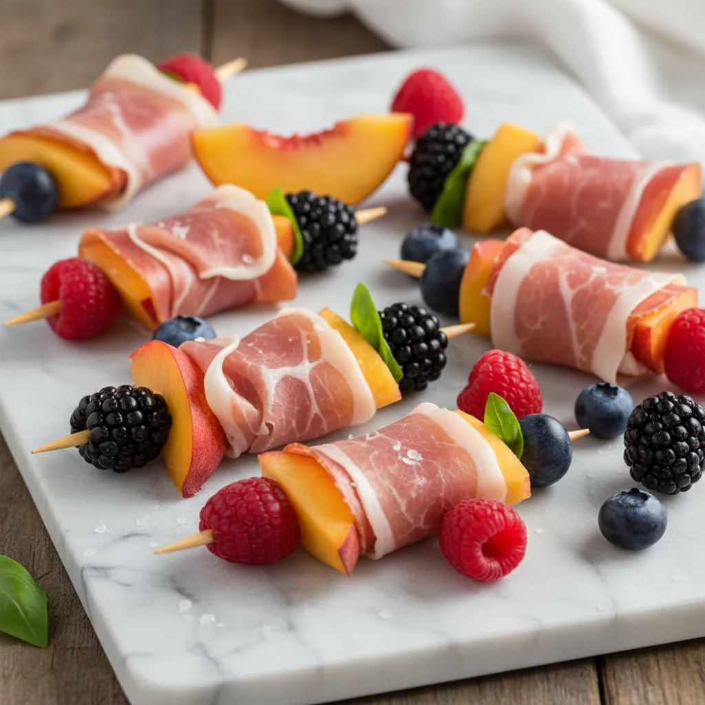 Prosciutto wrapped peaches and berries on skewers with balsamic drizzle