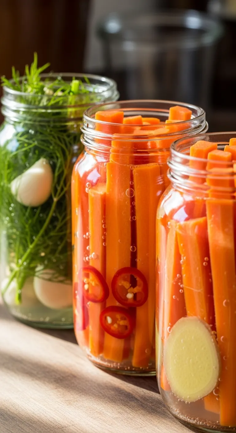Three jars of fermented carrots with different spice variations