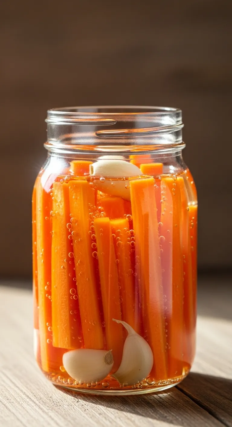 Fermented garlic carrots in a mason jar with brine