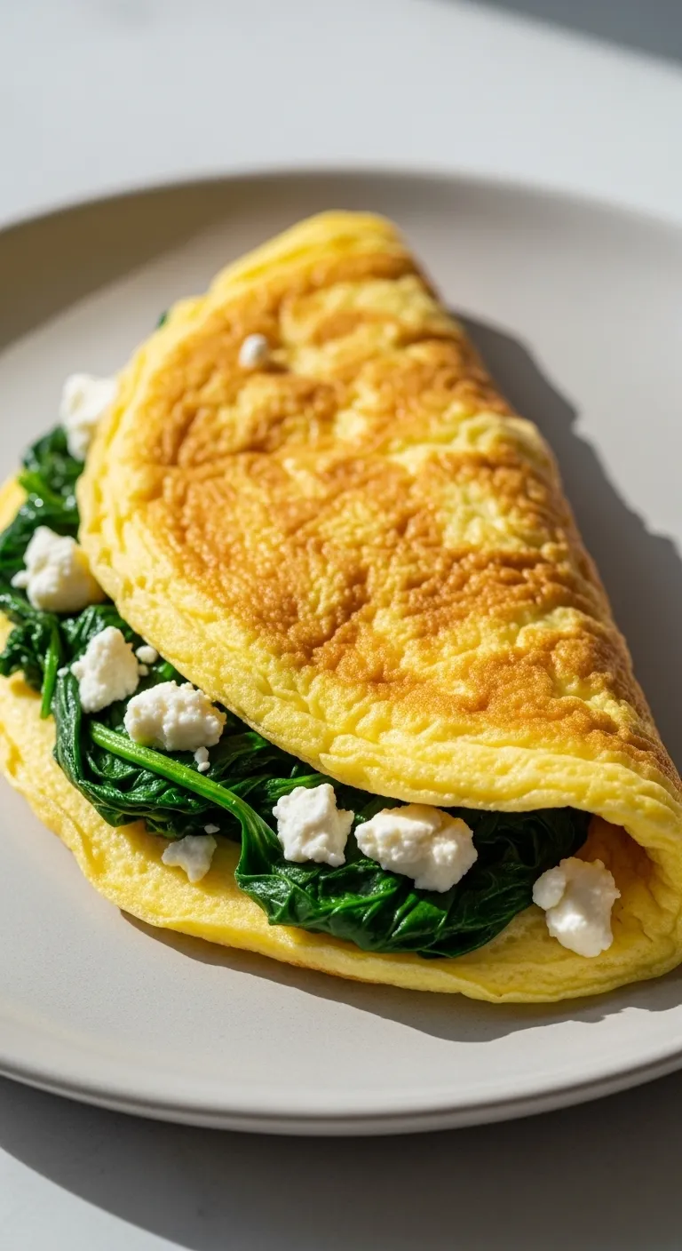 Folded egg white omelet filled with spinach and feta cheese on a breakfast plate