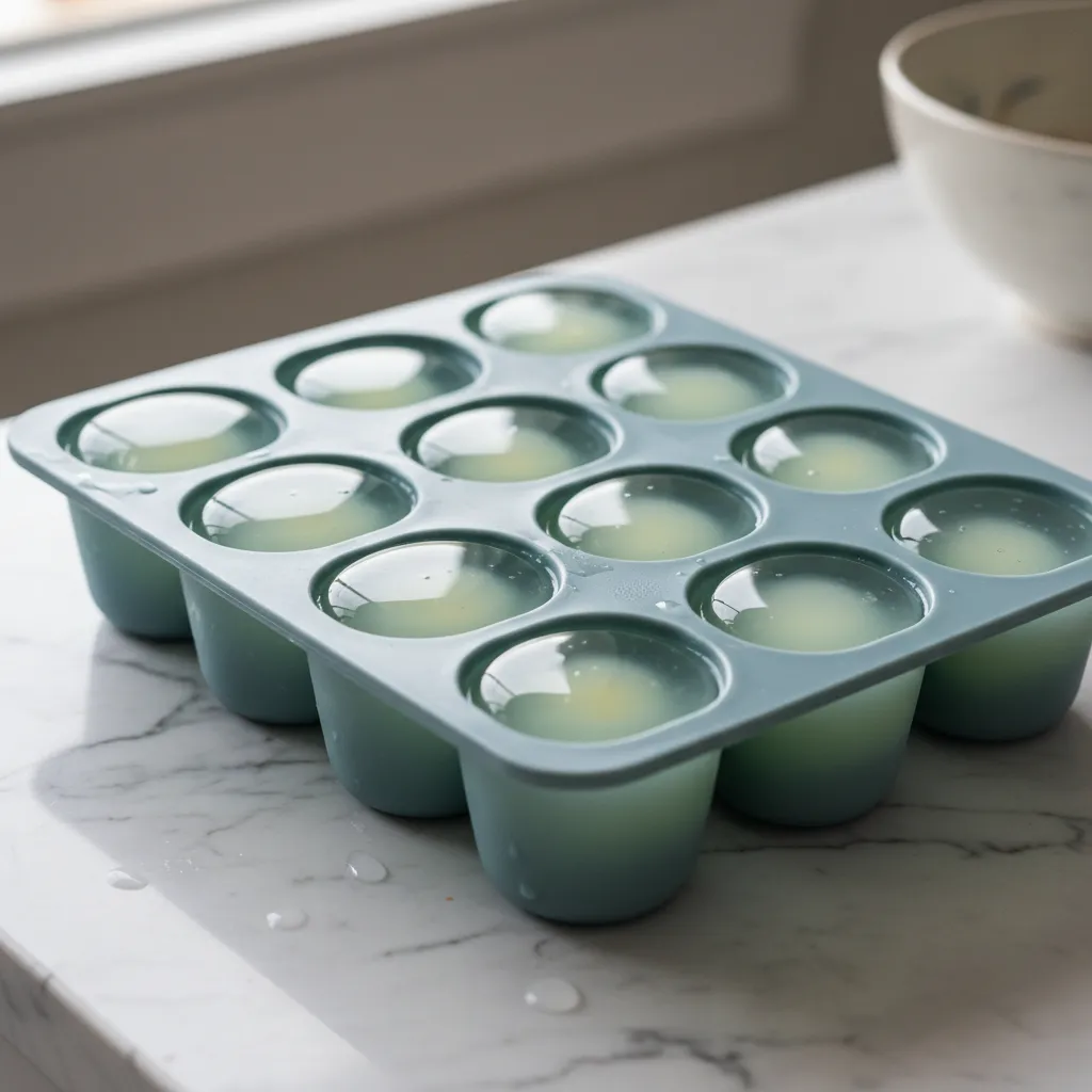 Silicone ice cube tray filled with raw egg whites for freezing