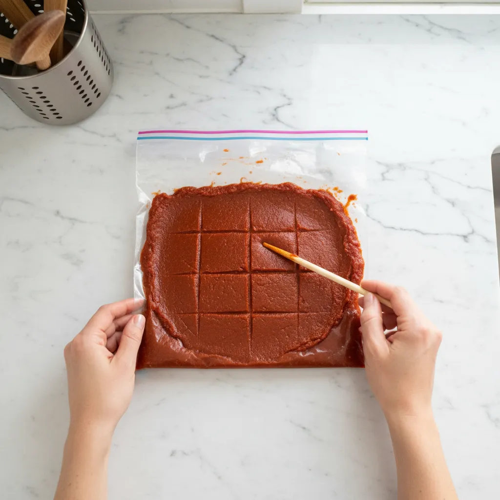 Flattening tomato paste in a freezer bag for easy storage