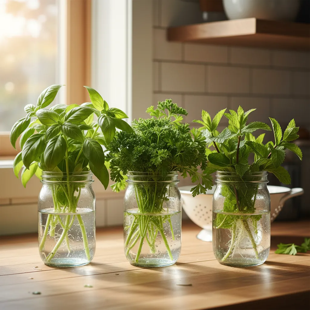 Mason jars filled with water holding fresh basil, parsley, and mint on a sunny kitchen countertop