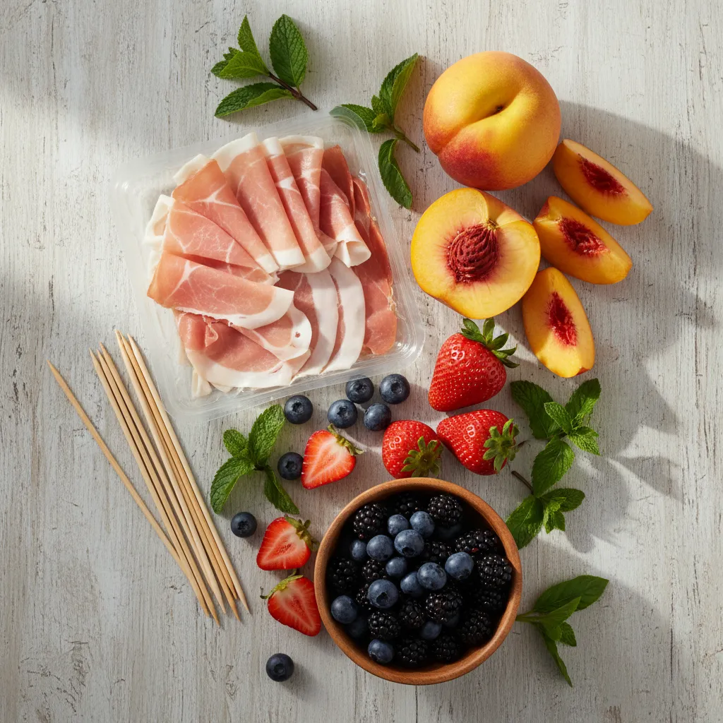 Fresh peaches and prosciutto slices ready for assembly