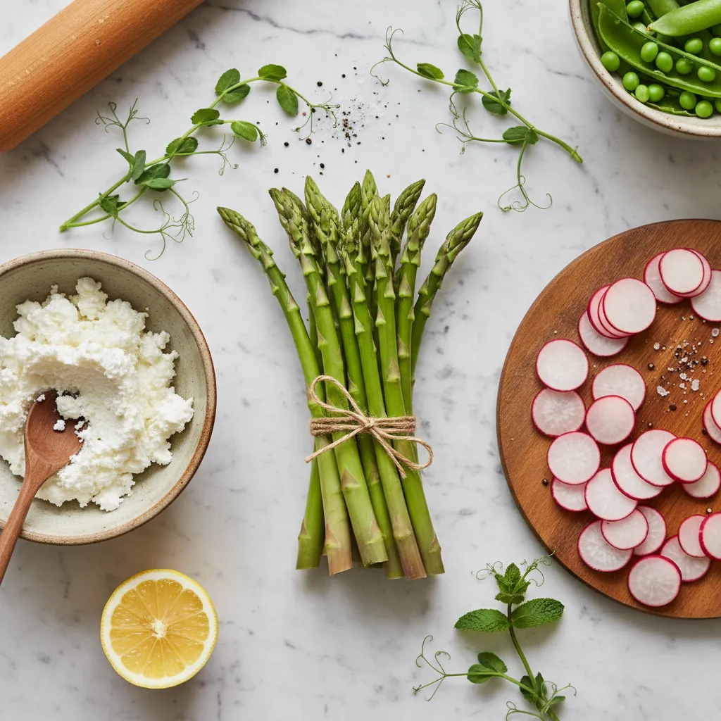 Fresh asparagus radishes and goat cheese on a counter
