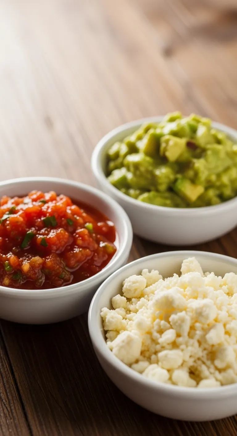 Three bowls of migas toppings including salsa guacamole and cotija cheese on a rustic table