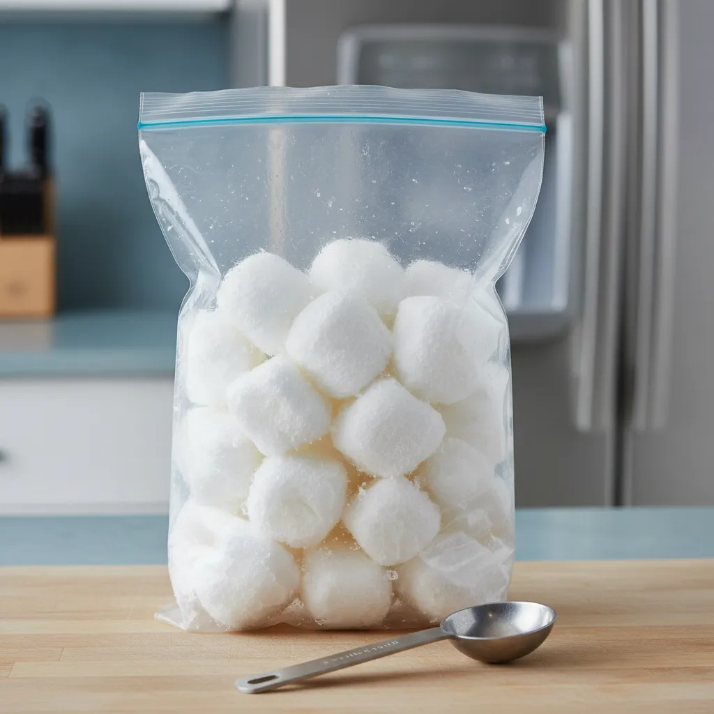 Freezer bag containing individual frozen egg white cubes