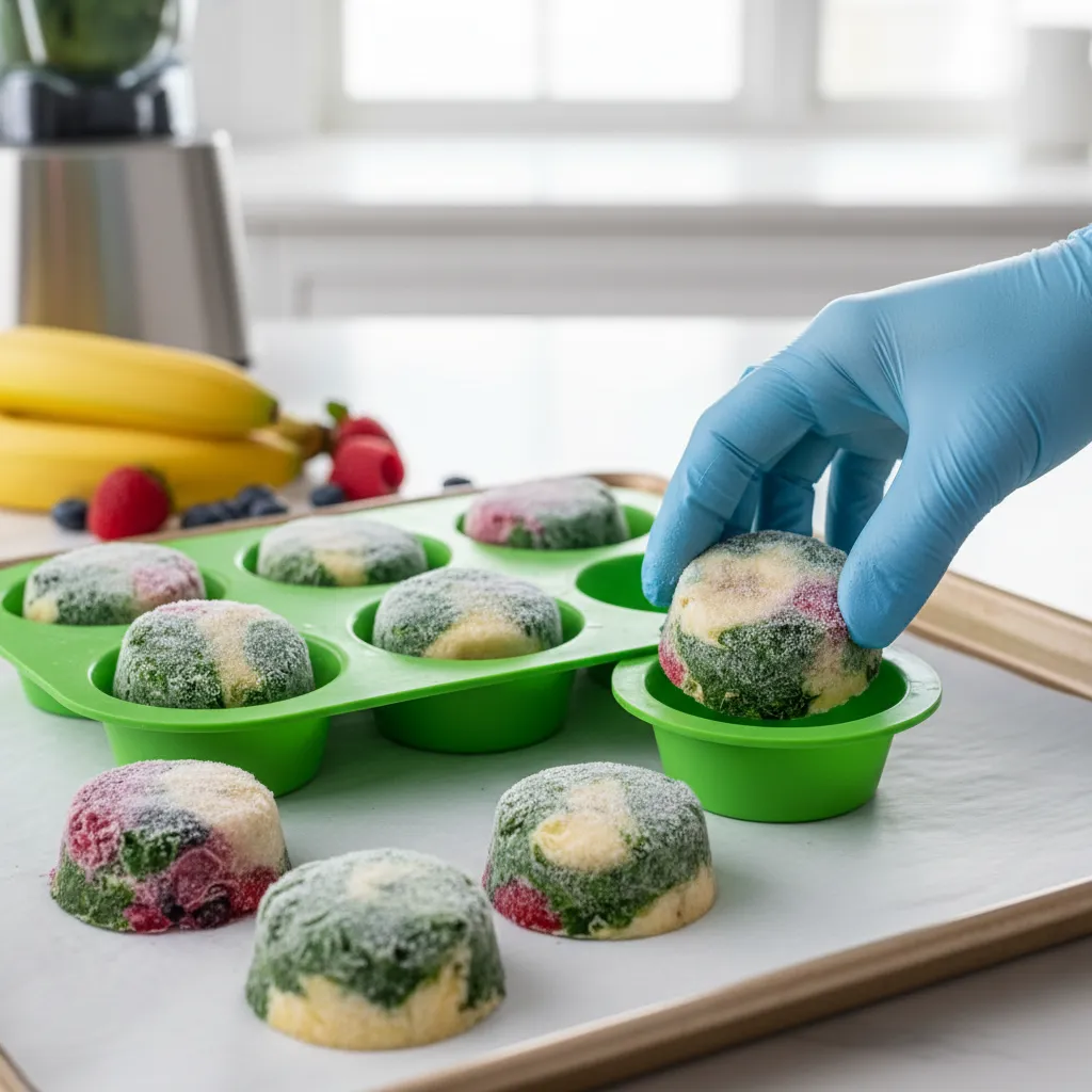 Frozen green smoothie pucks in a silicone mold