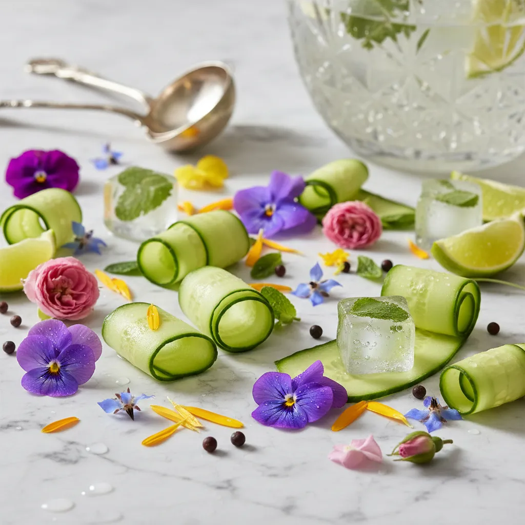 Edible flowers and cucumber for drink garnishes