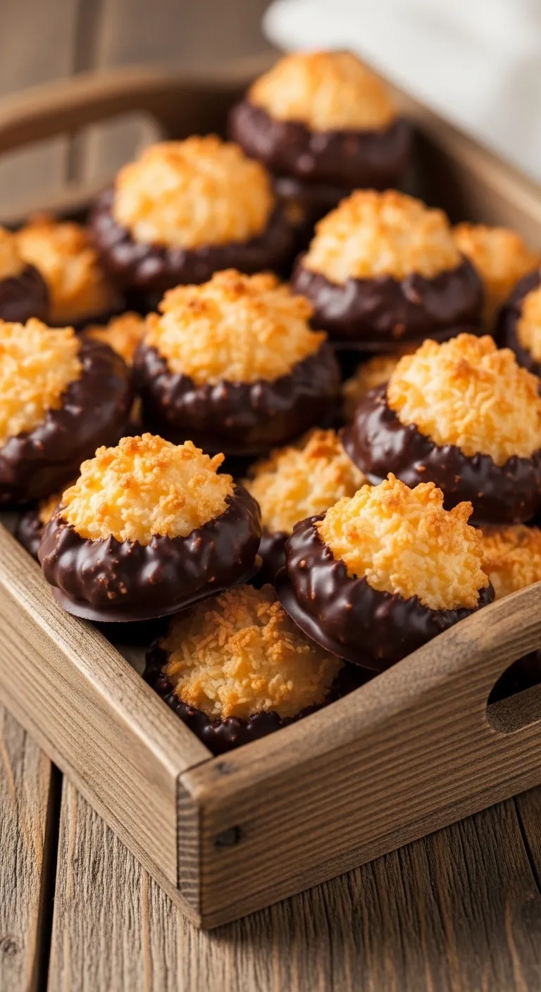 Toasted coconut macaroons with chocolate drizzle on a wooden serving tray