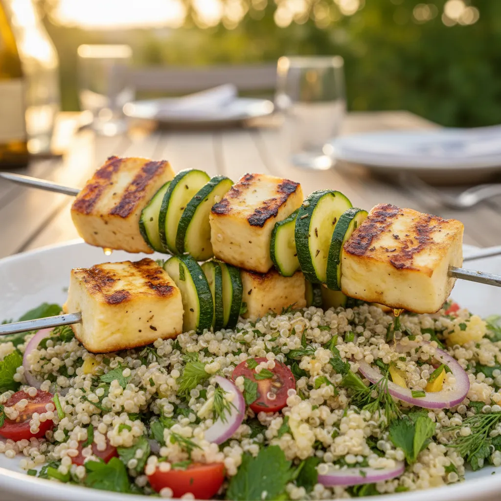 Grilled halloumi and zucchini skewers served on herbed quinoa