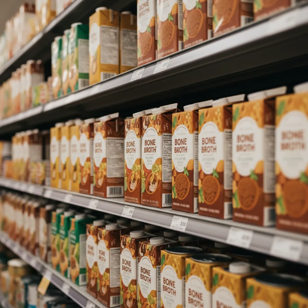 Assorted cartons of chicken stock and bone broth on a grocery store shelf