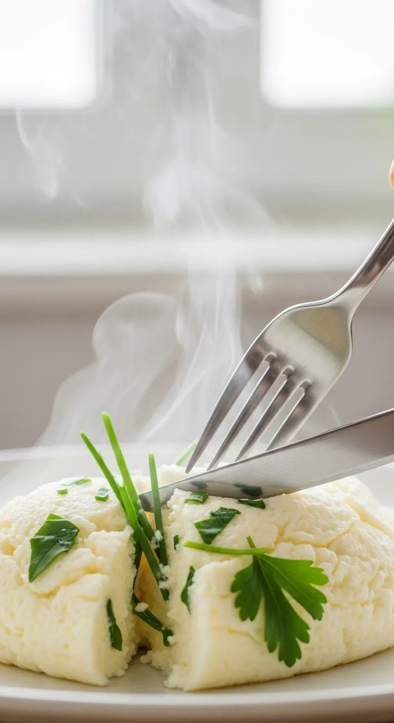 Fork slicing into a fluffy egg white omelet filled with garden vegetables