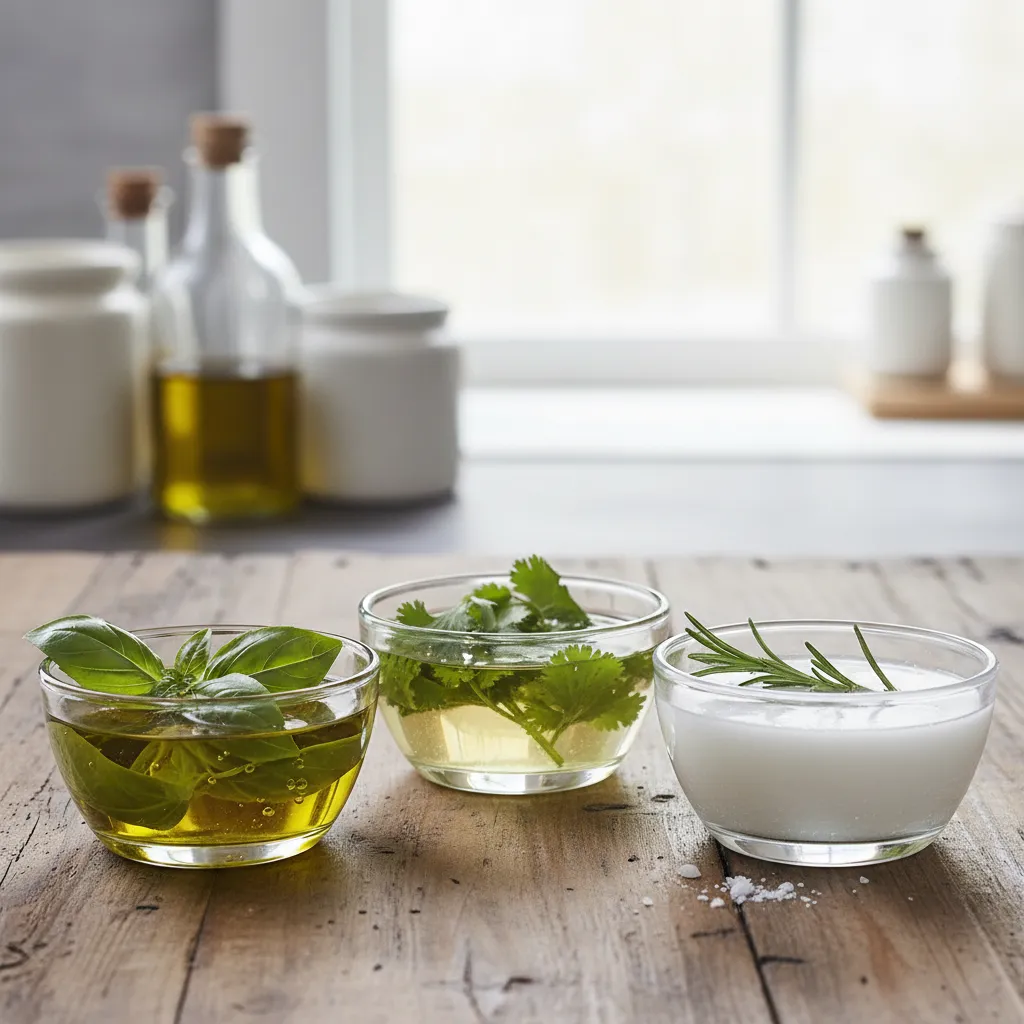 Three bowls showing different herb and cooking oil combinations