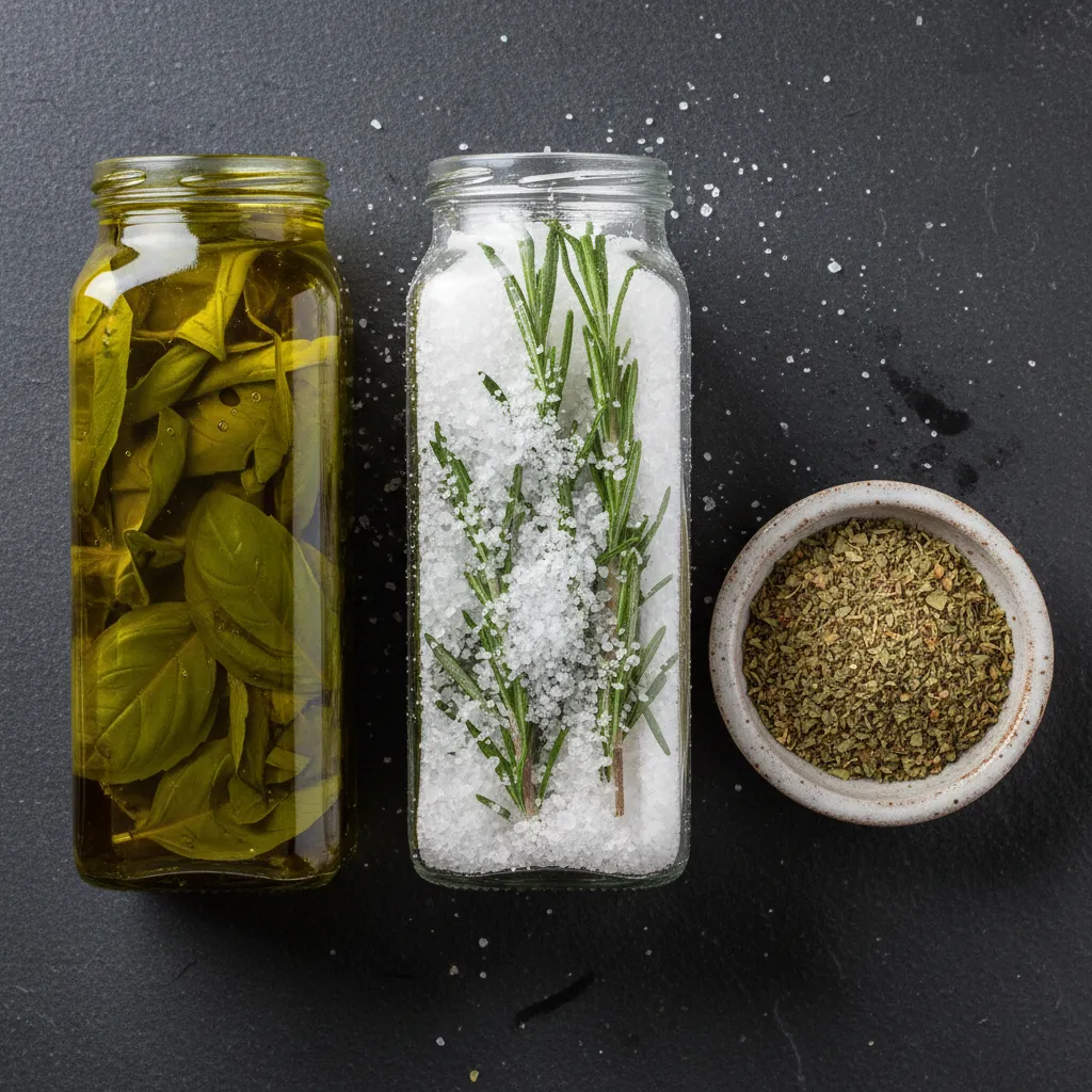 Comparison of herbs preserved in oil, salt, and air dried