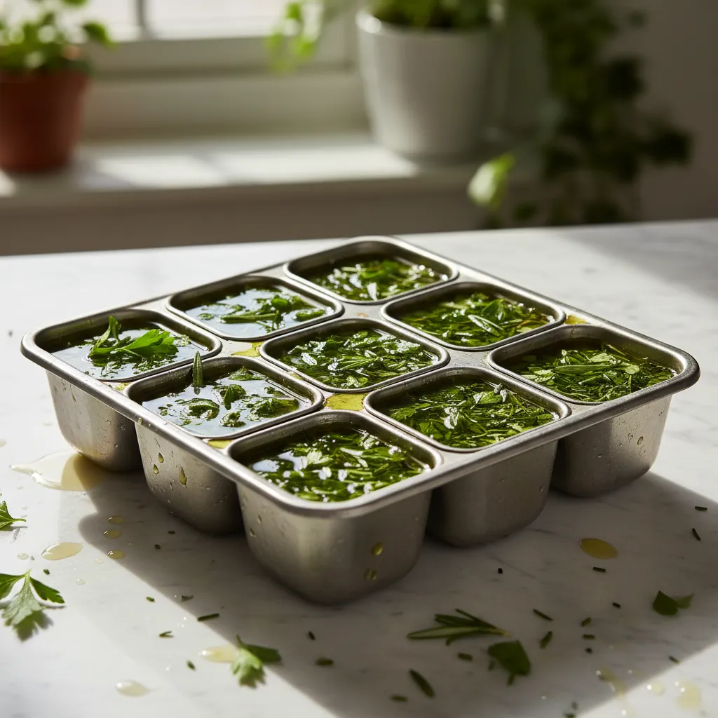 Ice cube tray filled with chopped fresh herbs and olive oil ready for freezing