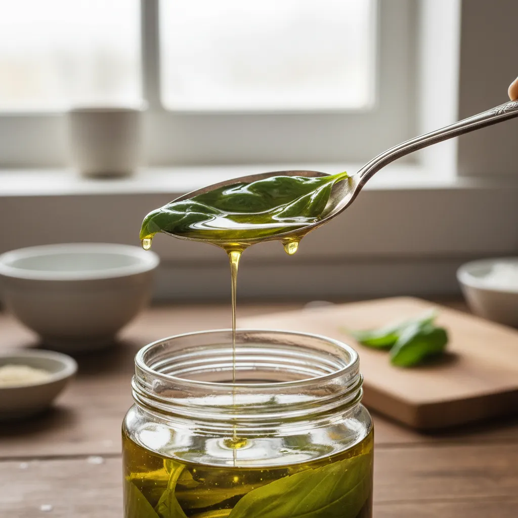 Spoon lifting soft basil leaf from olive oil jar