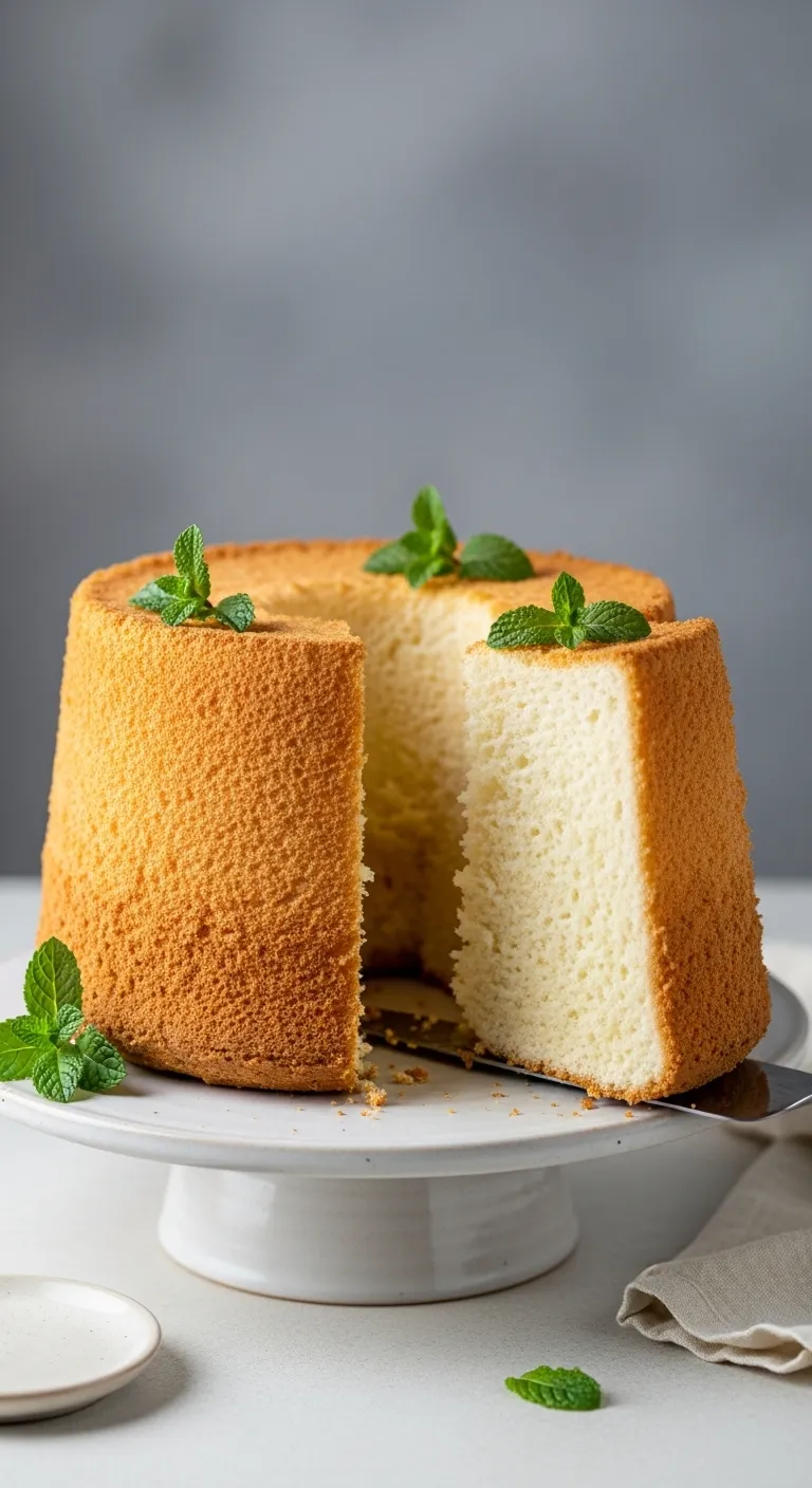 Slice of airy angel food cake on a ceramic cake stand