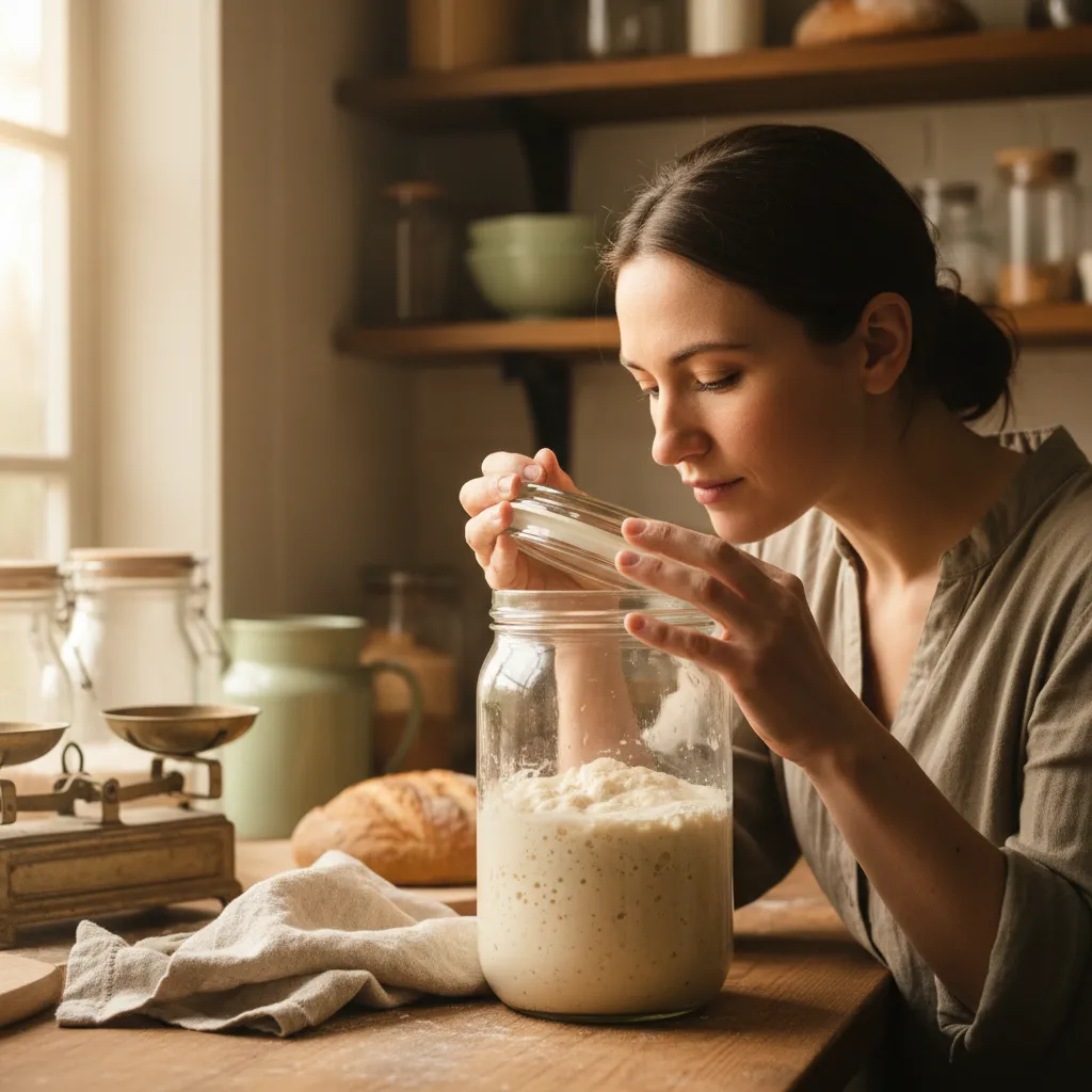 Person smelling a fresh sourdough starter in a glass jar to check for healthy aromas.