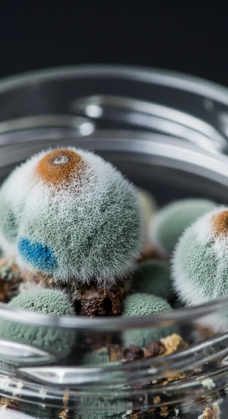 Macro close up of fuzzy green and blue mold spores growing on fermentation brine