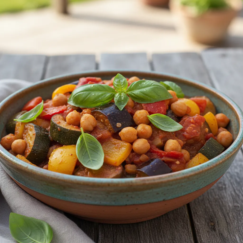 Close up of vegetarian ratatouille with chickpeas in a ceramic bowl