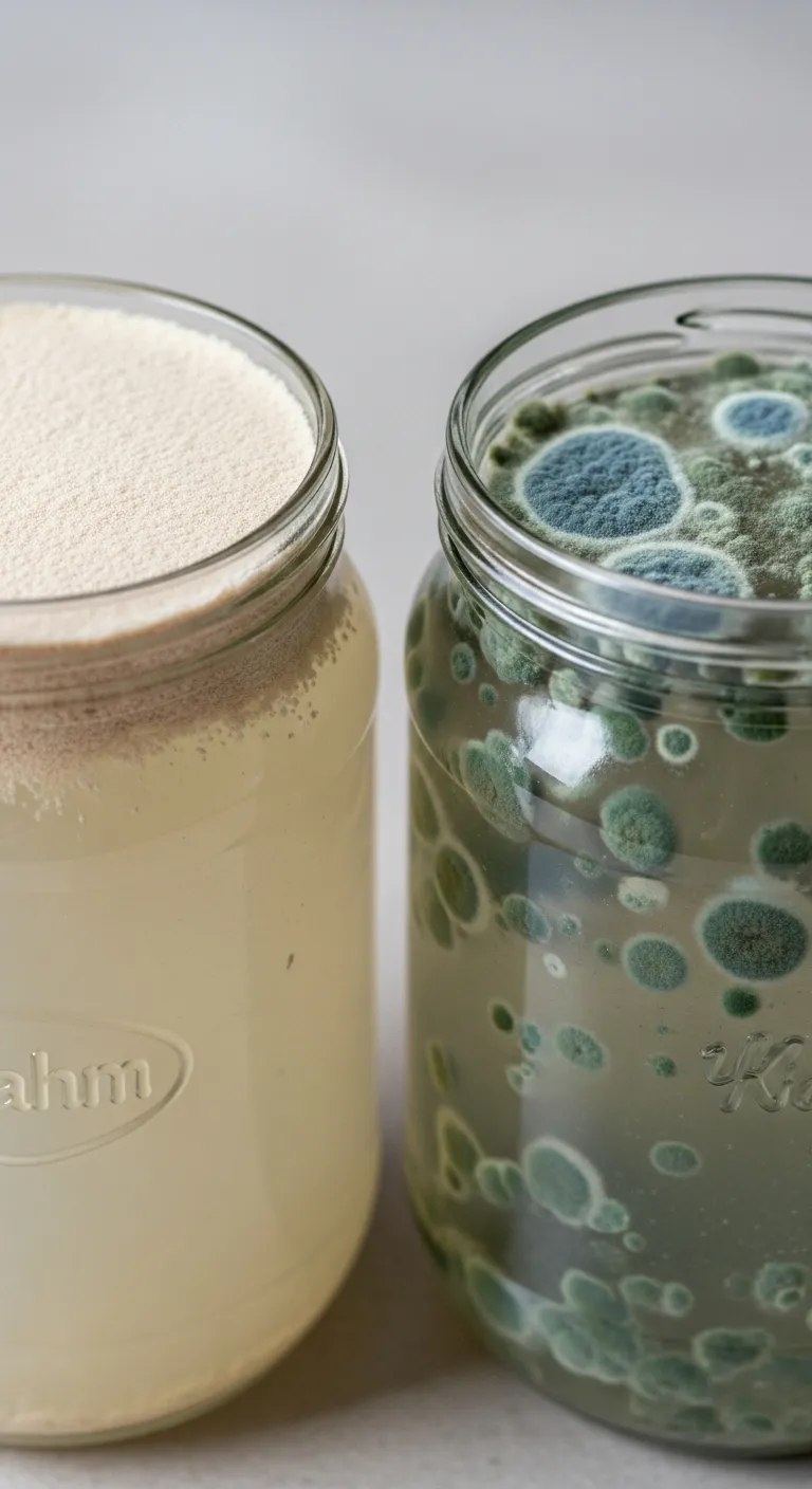 Comparison of safe white Kahm yeast film versus harmful fuzzy green mold on fermenting vegetables
