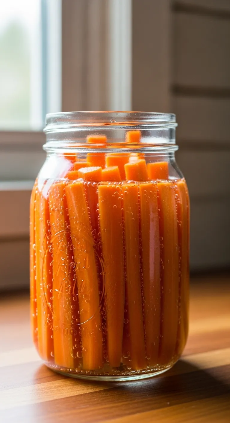 Glass jar with fermenting carrots showing bubbles and brine