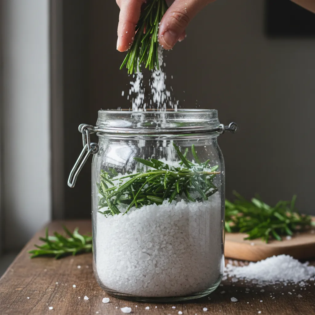 Glass jar filled with layers of fresh rosemary and coarse sea salt for curing