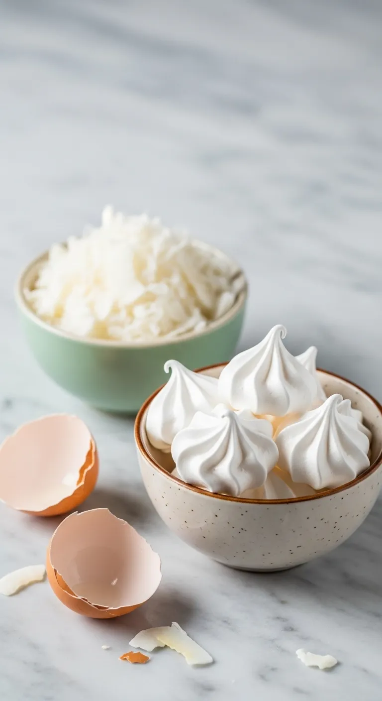 Bowls of shredded coconut and glossy beaten egg whites on a marble counter